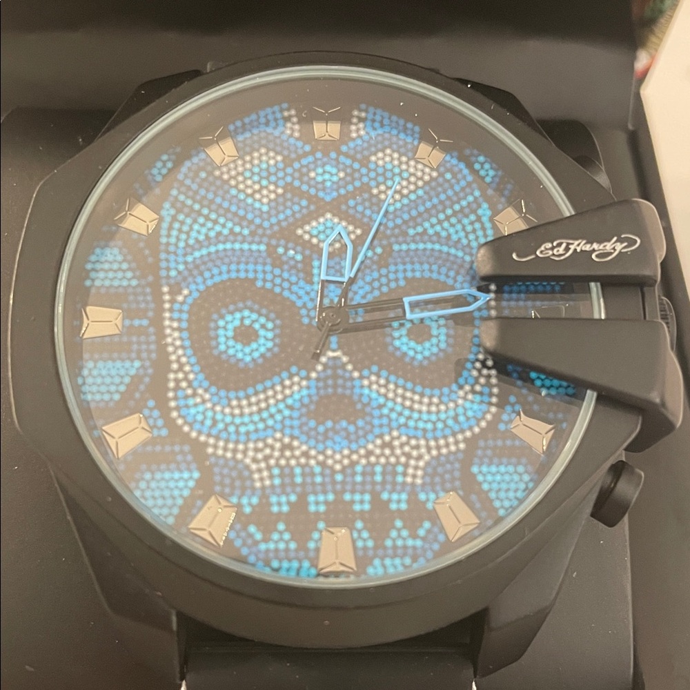 Ed Hardy Black and Blue Skull Dial Watch in box